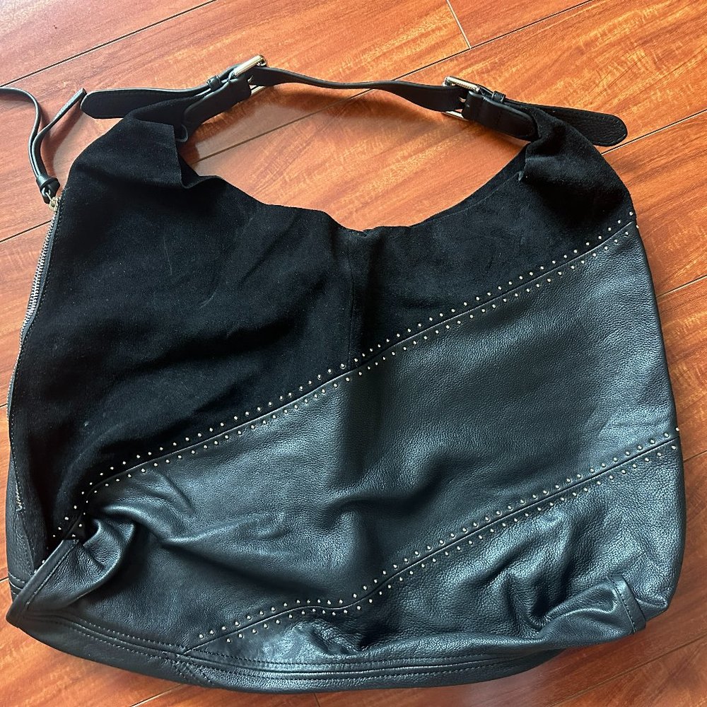 UK Mint Velvet Black Slouch Leather Suede Stud Bag, NEW without tags